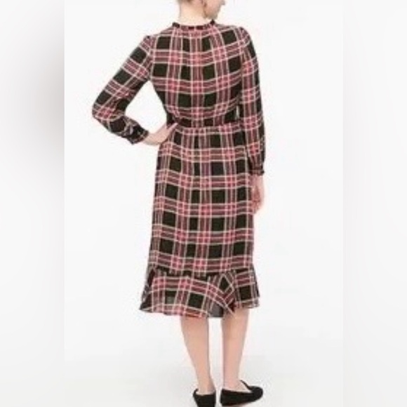J Crew Black Red Tartan Plaid Ruffle Neck Peasant Midi Christmas Dress Size: 2 - Picture 2 of 10